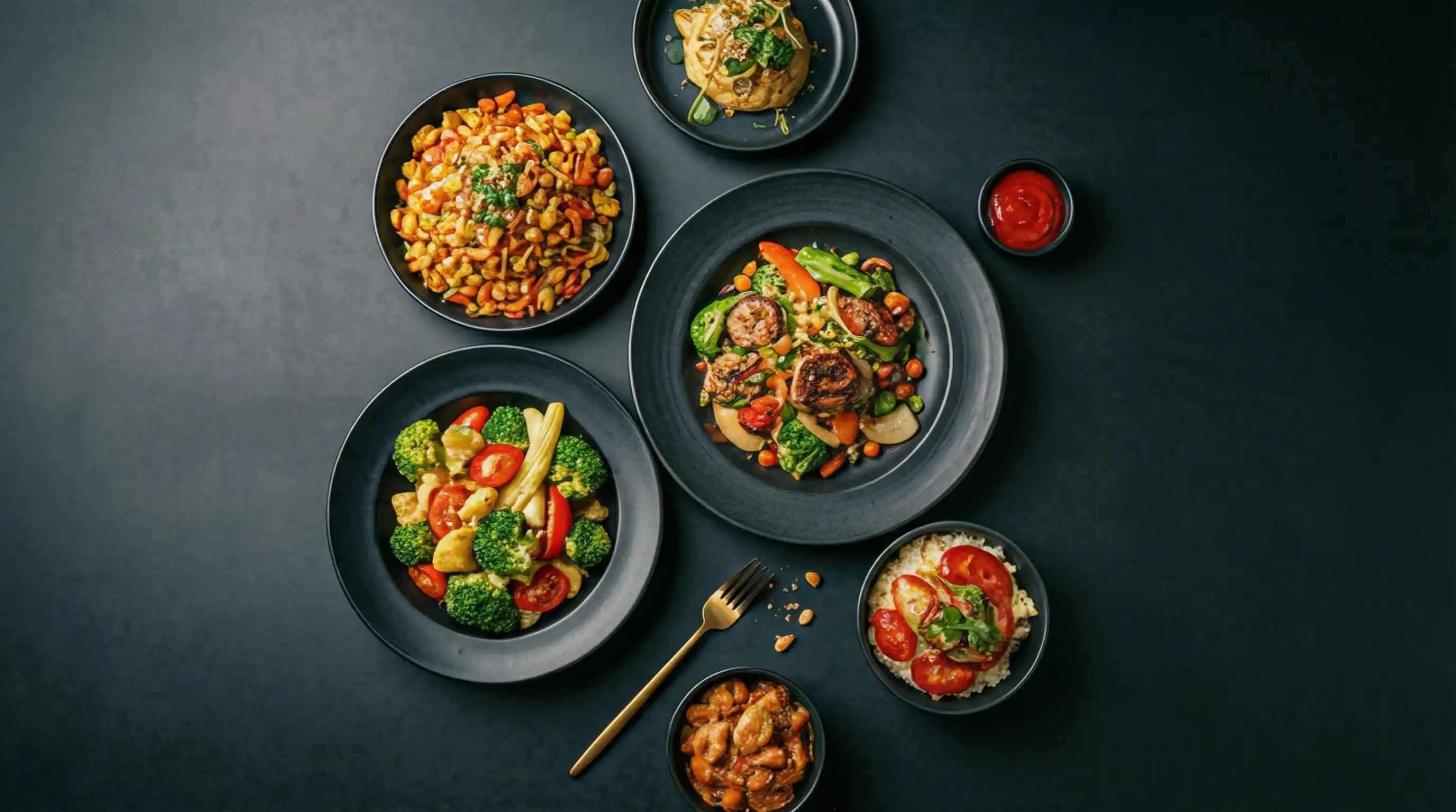 Overhead shot of vibrant vegetarian dishes